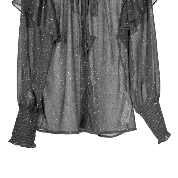 Zara Women's Blouse Gray Sparkle Button Ruffle Neck Tie Sheer Long Sleeve Top XS - Picture 7 of 10